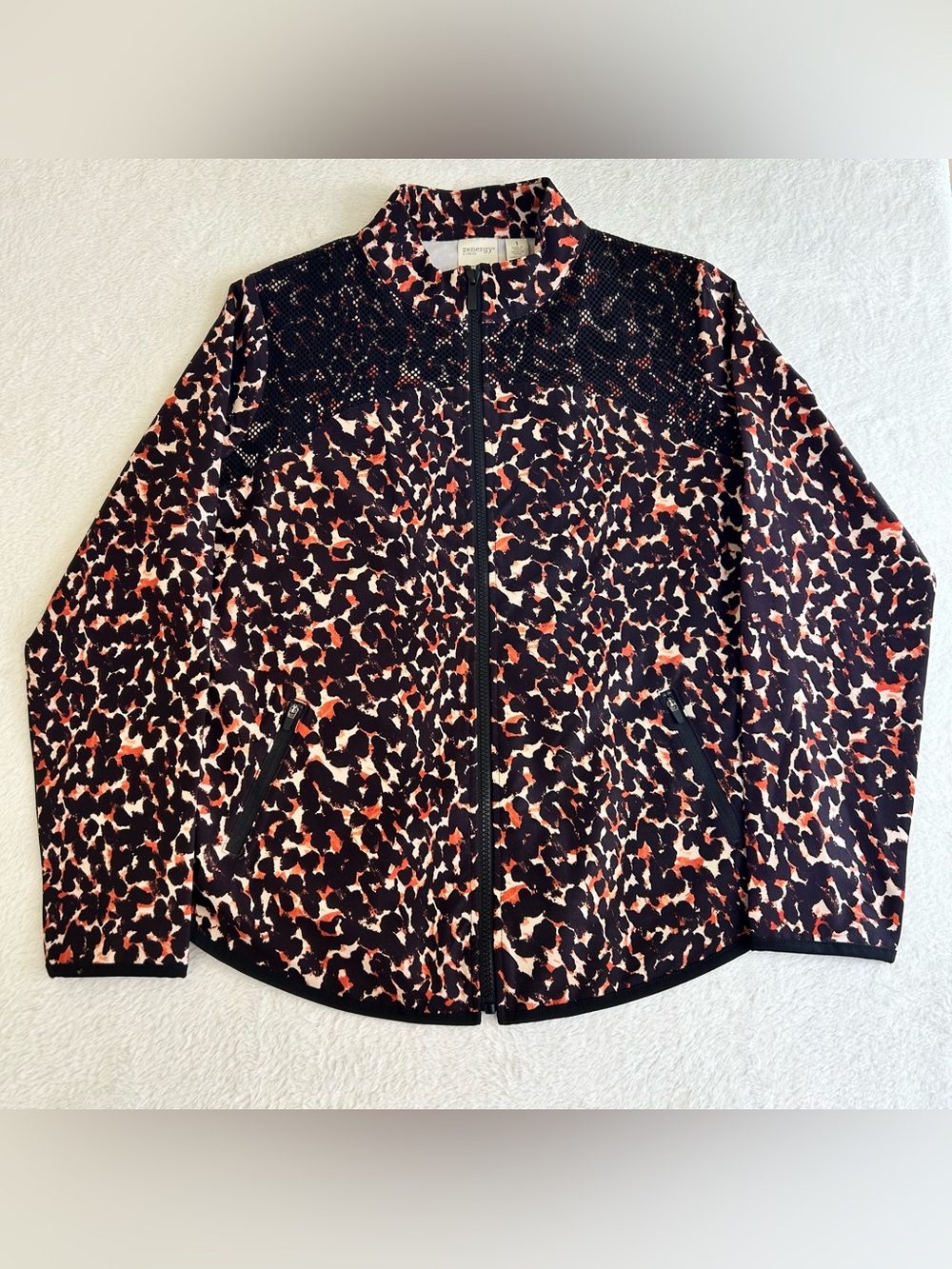 Zenergy Chicos Women's Jacket Sz 1 Black Animal Print Full Zip Stretch Mock Neck